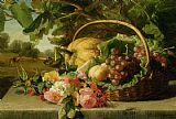 Grapes Canvas Paintings - A still life with flowers grapes and a melon